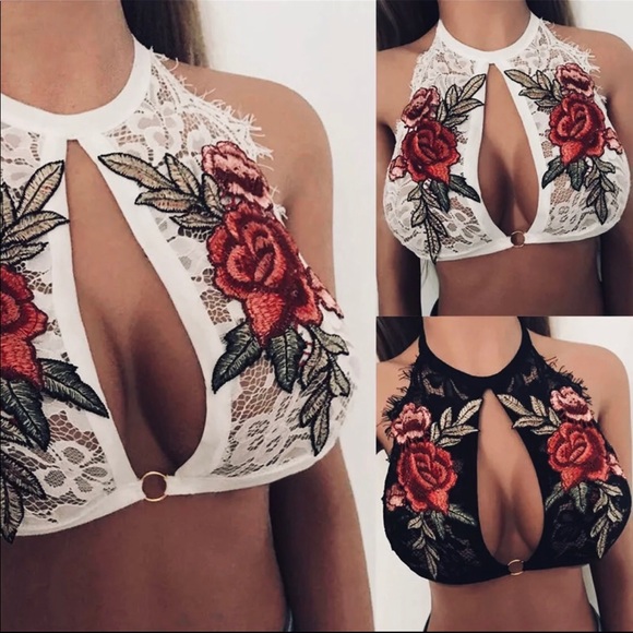 Black Floral Sheer Lace Triangle Bralette Bra 🌺 - Picture 3 of 3